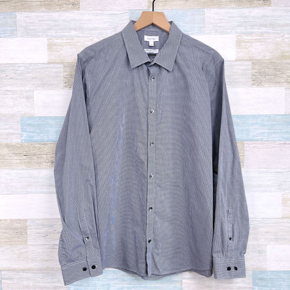Calvin Klein Infinite Cool Non Iron Button Front Shirt Gray Gingham Mens XL
